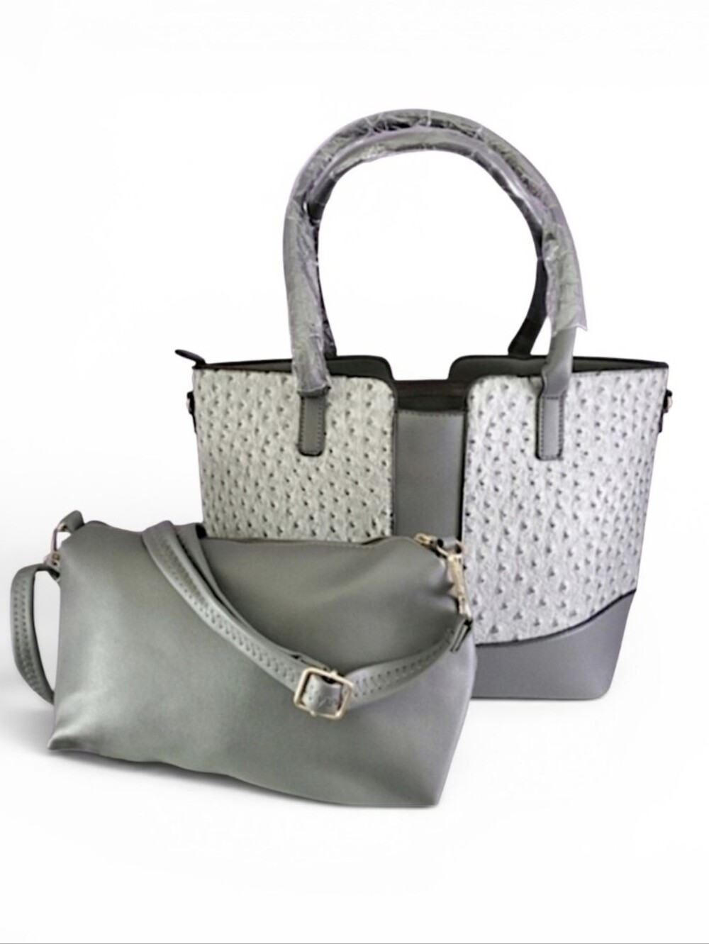 Gray Vegan Ostrich Satchel with Matching Pouch